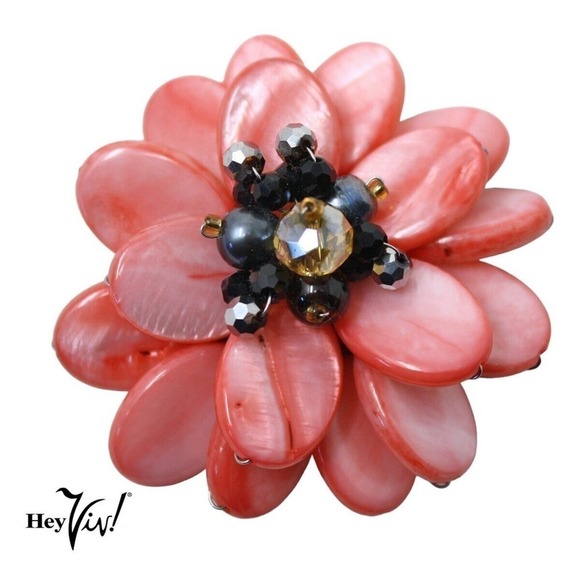 Vintage Pink Thermoplastic Flower Pin w Crystal Bead Middle 2" Across - Hey Viv - Picture 4 of 6